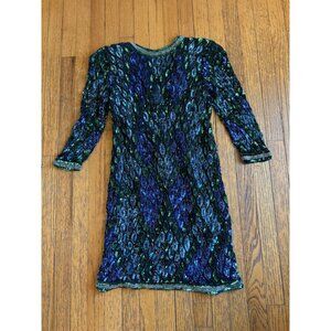 Vintage Sequins Originals Green Purple Sequins Beaded Silk Dress Round Neck Slit